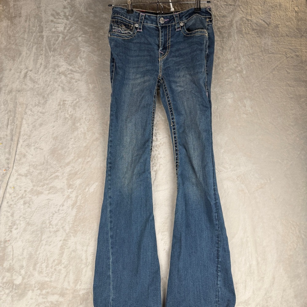 True Religion Joey Mid Rise Flare Jeans Pink Contrast‎ Stitch Blue Denim Size 26